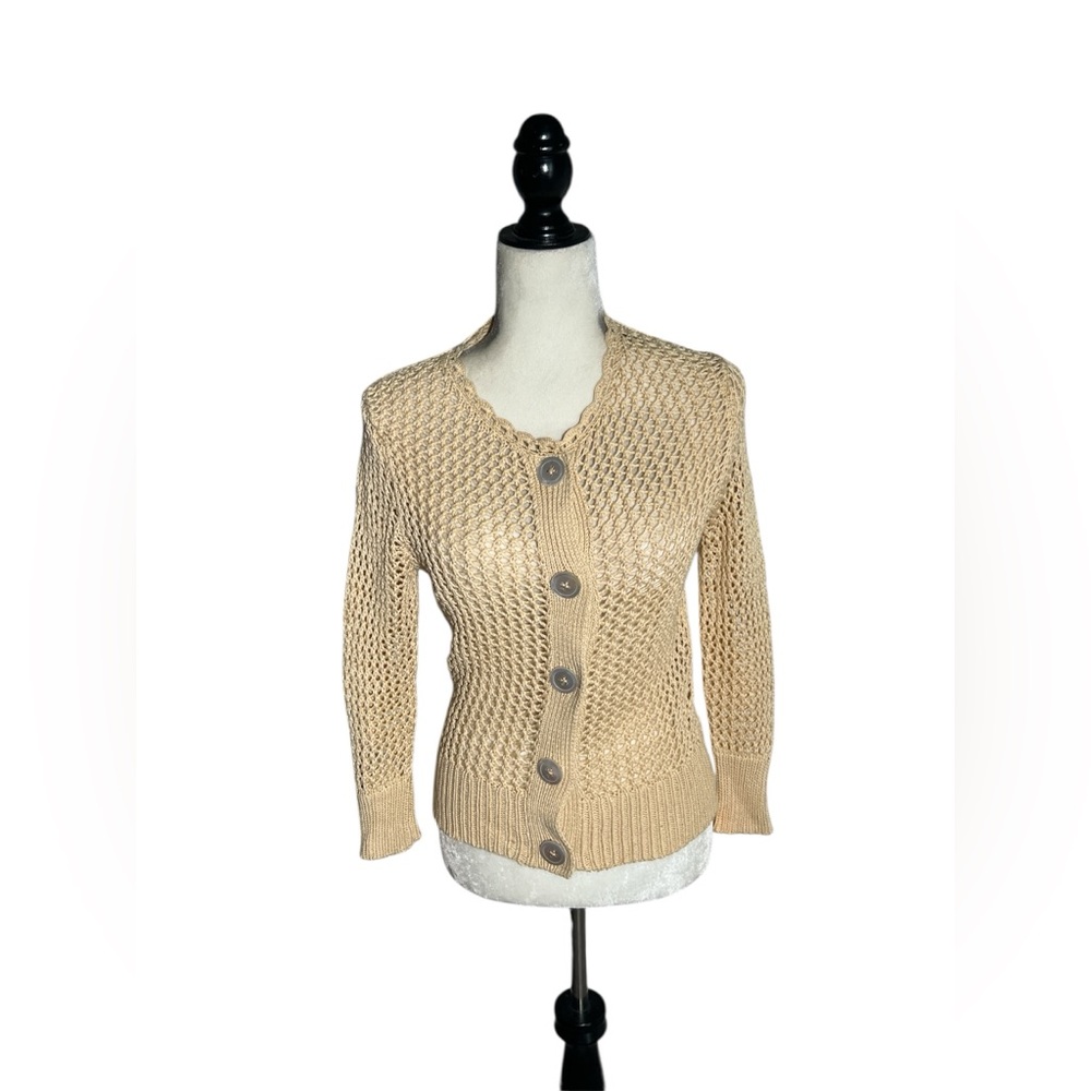 Banana Republic Pointelle Cardigan Brown M Long Sleeve Button Cotton Knit boho